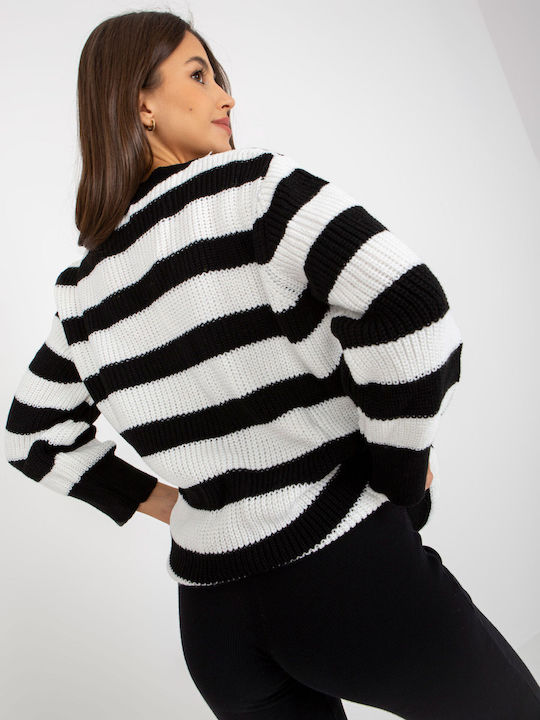 Rue Paris Women's Long Sleeve Sweater with V Neckline Striped Black