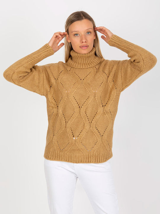 Rue Paris Damen Langarm Pullover Rollkragen Camel