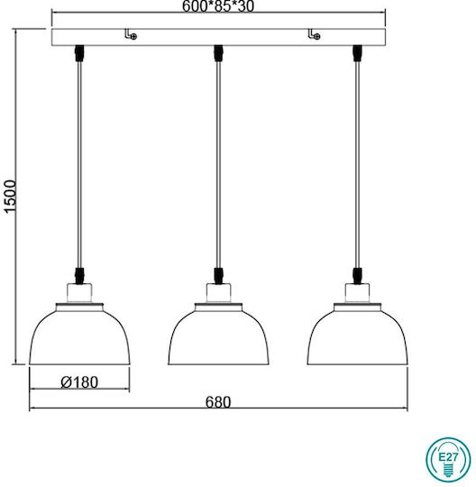 Trio Lighting Punch Verstellbar Hängelampe Schwarz Schiene mit Fassung E27 68x18x150cm.