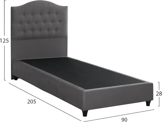 Malena Pat Single Tapitat Cu Catifea Gri Potrivit Pentru Saltea 90x200cm