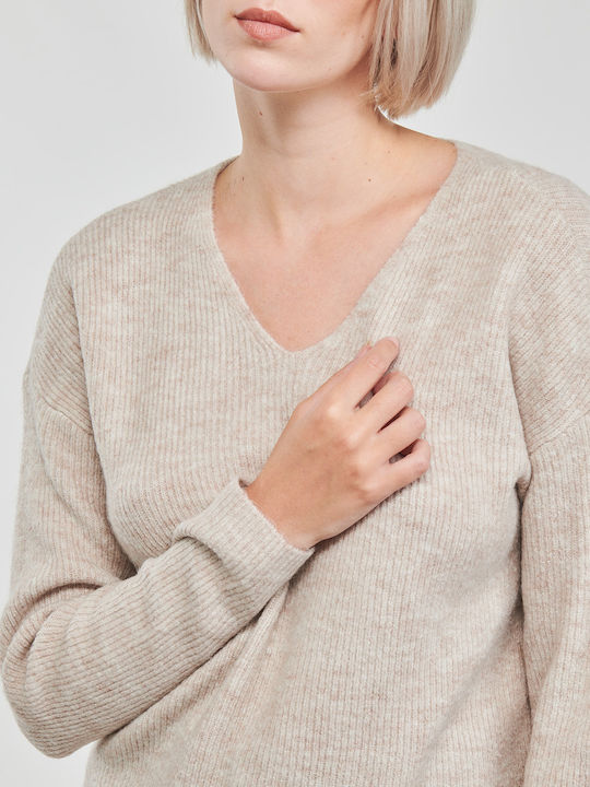 Camilla Women's Long Sleeve Sweater with V Neckline Beige