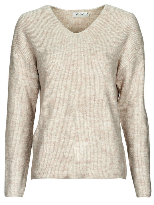 Camilla Women's Long Sleeve Sweater with V Neckline Beige