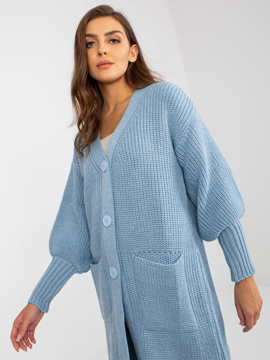 Och Bella Long Women's Knitted Cardigan with Buttons Light Blue