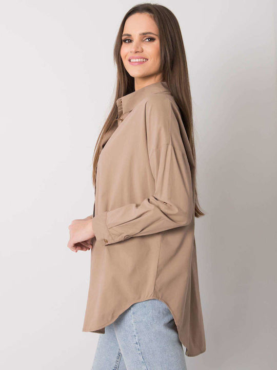 Ex Moda Langärmelig Damen Hemd Beige Monochrom