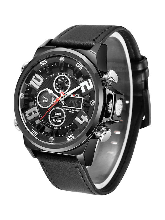 Weide Analog/Digital Herrenuhr 43mm Chronograph Batterie mit Schwarz Lederarmband