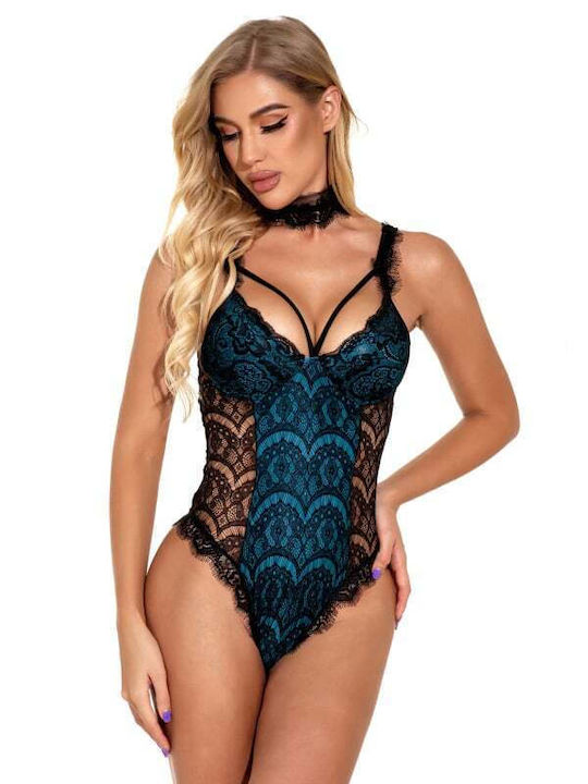 La Lolita Amsterdam Sexy Κορμάκι με Δαντέλα Δαντελένιο Κορμάκι με Τούλι στο Κέντρο & Διαφάνειες στο Πλάι Μπλε