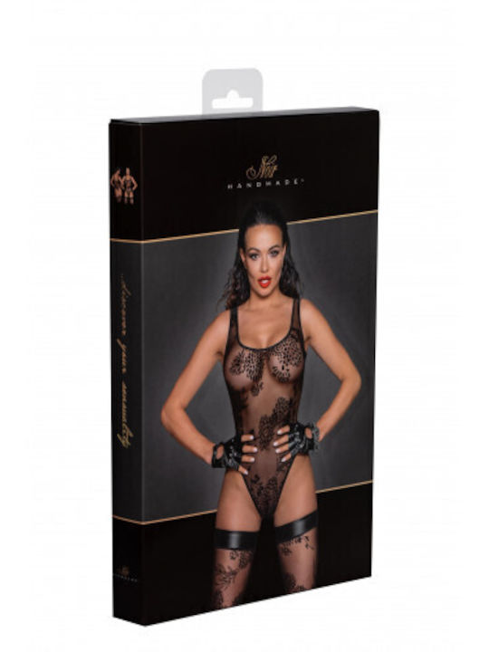 Noir Handmade Sexy Bodysuit mit Transparenz & Spitze Tüllbody mit gemusterter Flockstickerei Schwarz