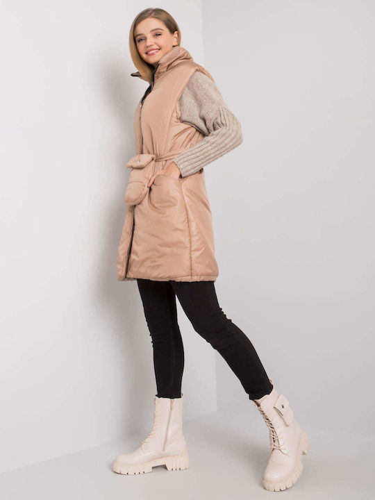 Ex Moda Lung Jachetă de femei Fără mâneci Puffer pentru iarnă Dark Beige