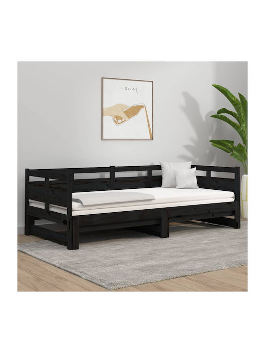 Single Solid Wood Sofa Bed Black with Slats for Mattress 80x200cm