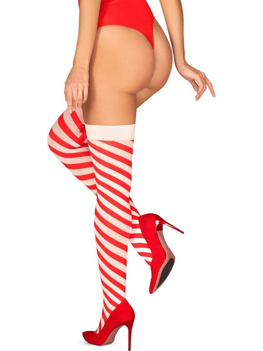 Obsessive Kissmas Stockings Οpaque Γυναικείες Ψηλές Κάλτσες Κόκκινες Ριγέ