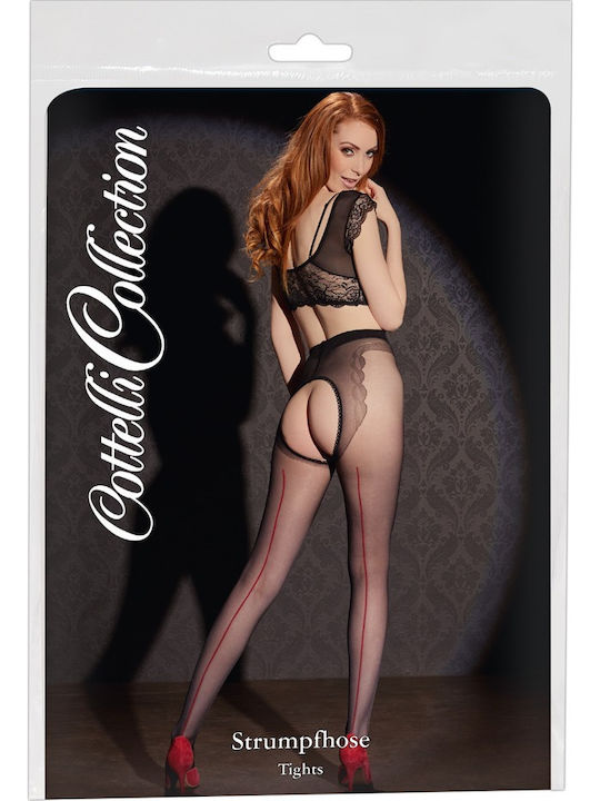 Cottelli Collection Crotchless Tights with Red Seam Sexy Καλσόν Μαύρο