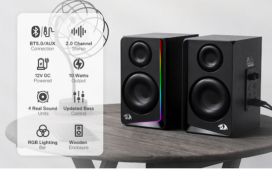 Redragon GS812 Andante Ασύρματα Ηχεία Υπολογιστή 2.0 με RGB Φωτισμό και Bluetooth Ισχύος 10W σε Μαύρο Χρώμα