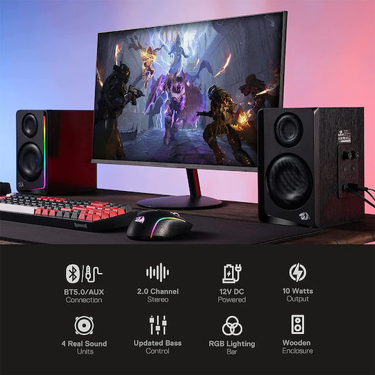 Redragon GS812 Andante Ασύρματα Ηχεία Υπολογιστή 2.0 με RGB Φωτισμό και Bluetooth Ισχύος 10W σε Μαύρο Χρώμα