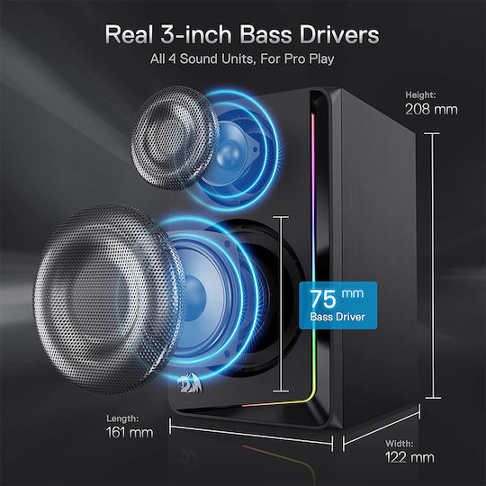Redragon GS812 Andante Ασύρματα Ηχεία Υπολογιστή 2.0 με RGB Φωτισμό και Bluetooth Ισχύος 10W σε Μαύρο Χρώμα