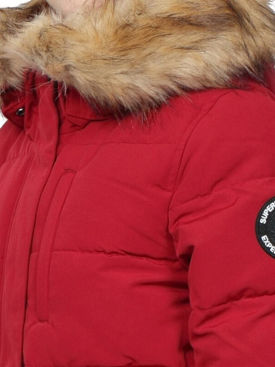 D1 Everest Kurz Damen Puffer Jacke mit pelziger Kapuze für Winter Rot