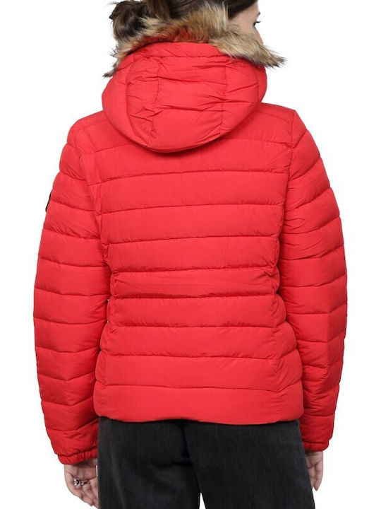 Superdry Kurz Damen Puffer Jacke mit pelziger Kapuze für Winter Rot