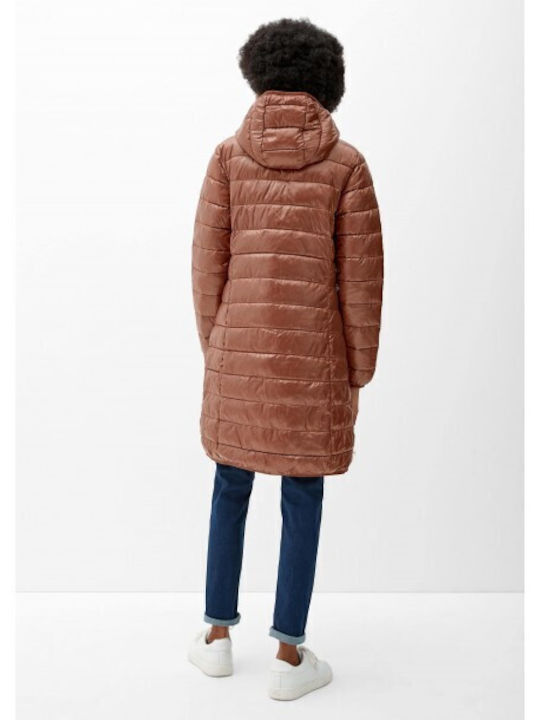 Μακρύ Γυναικείο Puffer Μπουφάν για Χειμώνα Camel