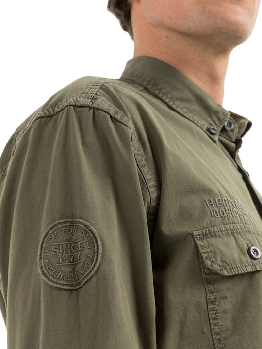 Langärmeliges Baumwoll-Overshirt in Normale Passform Khaki