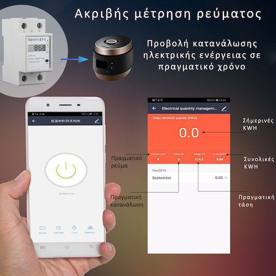 MOES Μετρητής Παλμών Ηλεκτρολογικού Πίνακα Ψηφιακό Ράγας Μονοφασικό Wi-Fi Tuya WCB-ZM-WM-EN