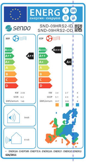 Sendo Hermes Gold HRSB2 Κλιματιστικό Inverter 9000 BTU A++/A+ με WiFi και Λειτουργία Turbo