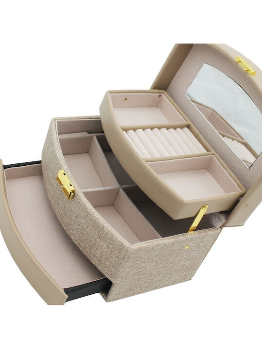 Casetă Pentru Bijuterii Din Catifea Cu Sertar Și Oglindă Bej 13x23x13.5cm