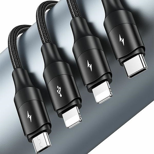 Usams Braided USB to 2xLightning / Type-C / micro USB Cable Μαύρο 1.2m (SJ516USB01)
