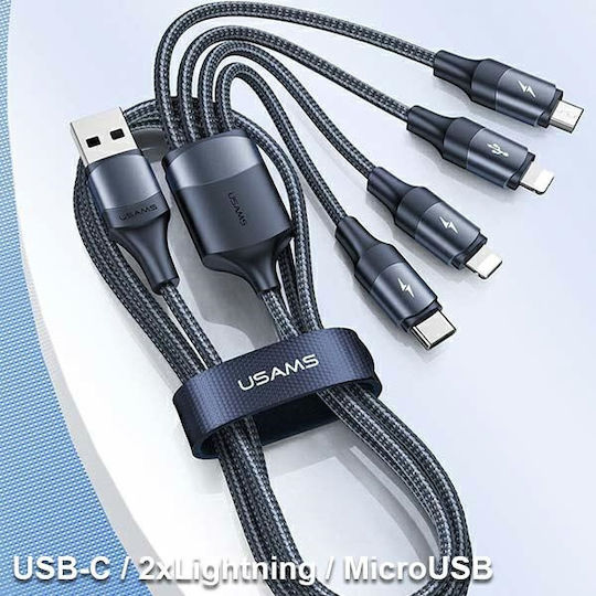 Usams Braided USB to 2xLightning / Type-C / micro USB Cable Μαύρο 1.2m (SJ516USB01)