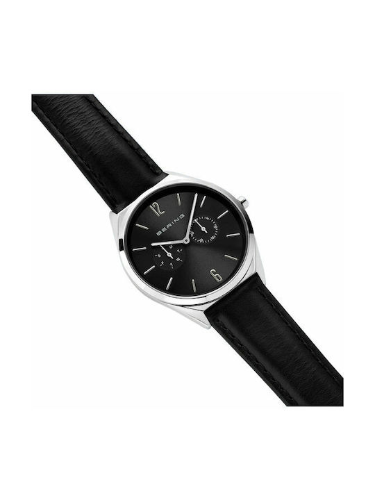 Bering Time Ultra Slim Watch Chronograph Battery with Black Leather Strap