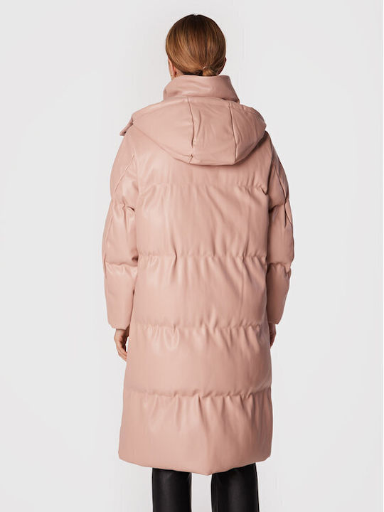 Guess Women's Long Puffer Jacket for Winter with Detachable Hood Pink