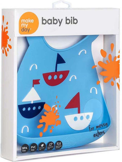 Make my Day Boats Waterproof Bib Silicone with Button & Pocket Navy Blue for 6 m+