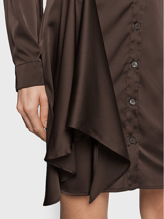 Alya Mini Evening Shirt Dress Satin Wrap Dark Brown