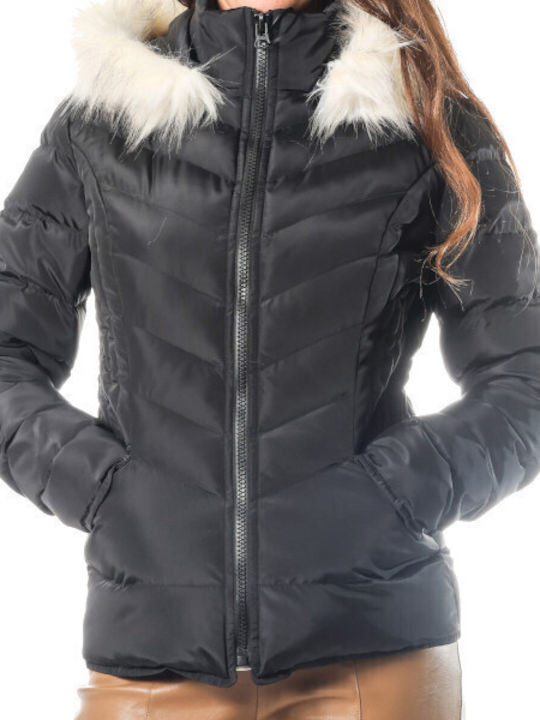 Kurz Damen Puffer Jacke mit pelziger Kapuze für Winter Schwarz