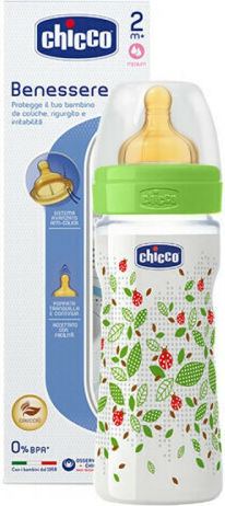 Chicco Sticlă de Plastic pentru Bebelusi Well Being Anti-Colici cu Tetină din Cauciuc pentru 2+ luni Green 250ml