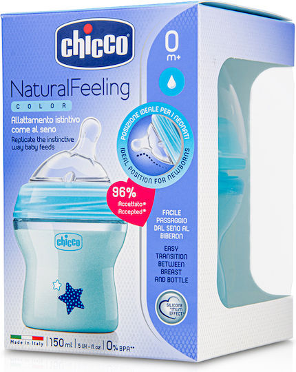 Chicco Πλαστικό Μπιμπερό Natural Feeling Κατά των Κολικών με Θηλή Σιλικόνης για 0+ μηνών Γαλάζιο Star - Ciel 150ml