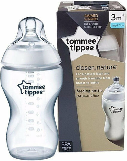 Tommee Tippee Plastic Baby Bottle Closer to Nature Anti-Colic with Silicone Nipple for 3+ months Transparent 340ml