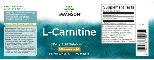 Swanson L-Carnitine 500mg 100 ταμπλέτες