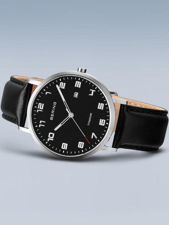 Bering Time Titanium Ανδρικό Ρολόι 40mm Μπαταρίας με Μαύρο Δερμάτινο Λουράκι