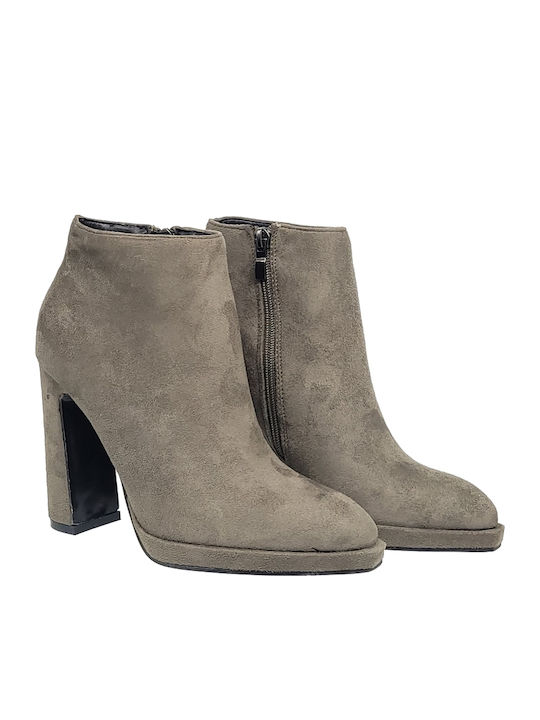 Suede Women's Ankle Boots with High Heel Khaki