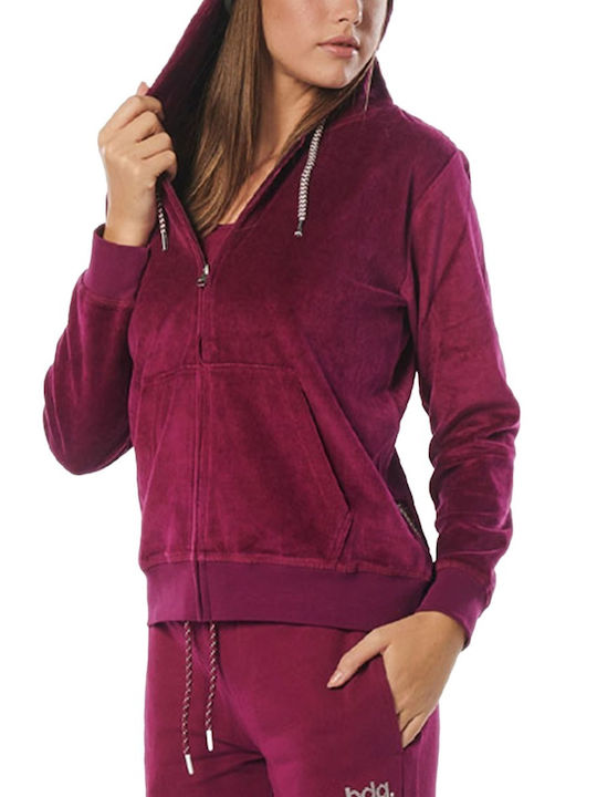 Body Action Women's Hooded Velvet Cardigan Purple