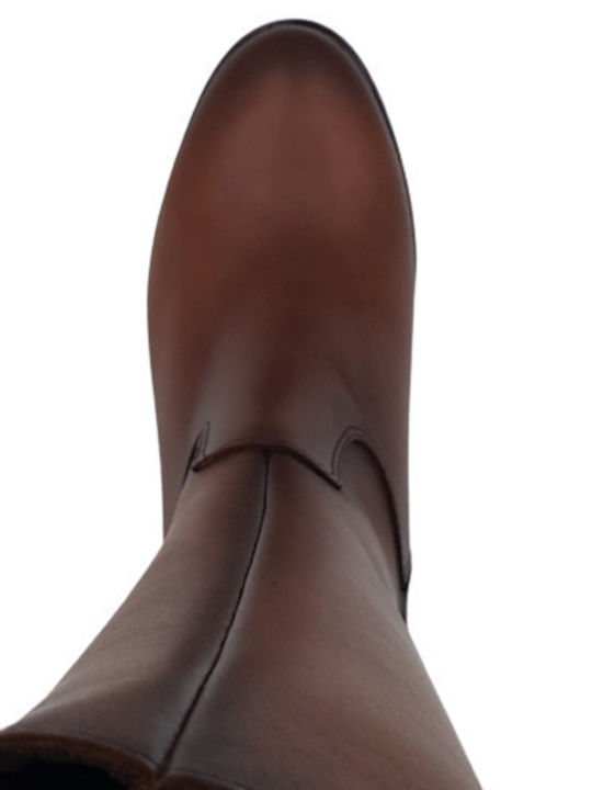 Leather Medium Heel Women's Boots with Zipper / Rubber Tabac Brown