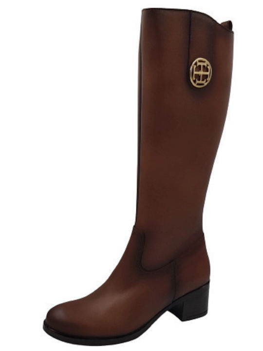 Leather Medium Heel Women's Boots with Zipper / Rubber Tabac Brown