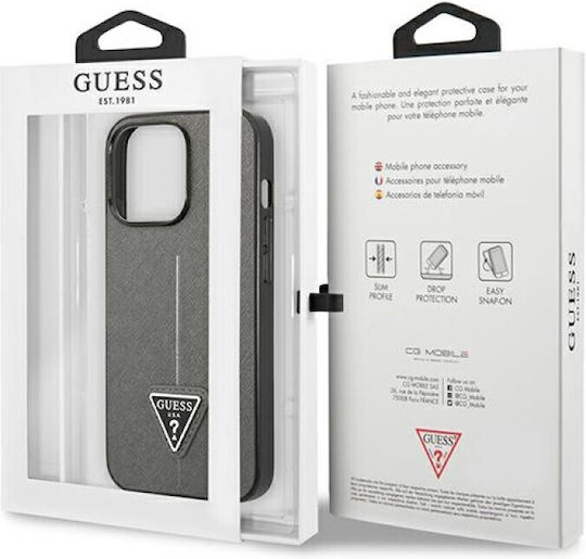 Guess Saffiano Triangle Logo Umschlag Rückseite Kunststoff Silber (iPhone 14 Pro Max)