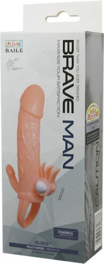 Baile Brave Man Penis Cover Clit & Anal Stimulation Multi-Speed Vibration Penis Extension With Vibration Flesh 16.5cm