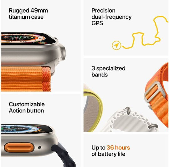 Apple Watch Ultra Titanium 49mm Αδιάβροχο με eSIM και Παλμογράφο (Green Alpine Loop - Medium)