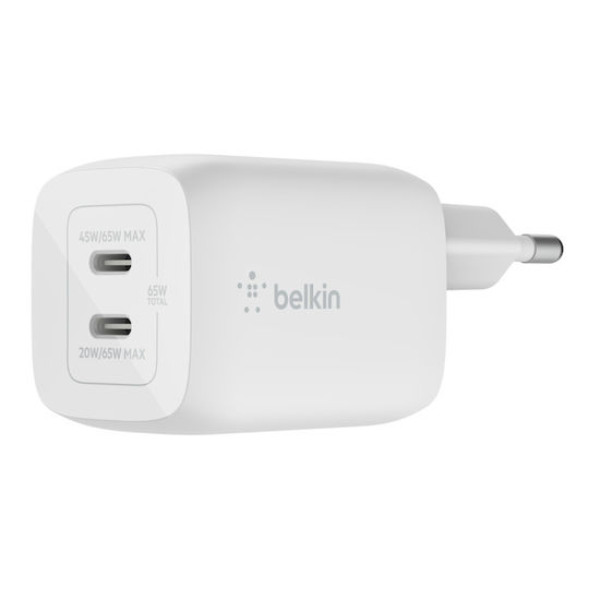 Belkin Charger GaN with 2 USB-C Ports and Cable USB-C 65W Power Delivery Whites (WCH013VF2MWH-B6)