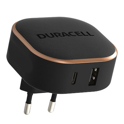 Duracell Ladegerät ohne Kabel mit USB-A Anschluss und USB-C Anschluss 30W Stromlieferung Schwarzs (PD)