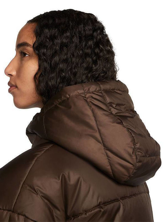 Sportswear Therma-Fit Women's Long Puffer Jacket for Winter with Hood Baroque Brown