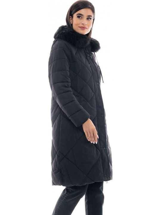 Lang Damen Puffer Jacke mit pelziger Kapuze für Winter Schwarz