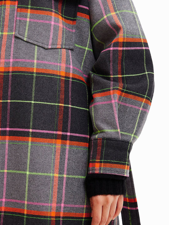 Women's Checked Gray Coat Oversized with Buttons