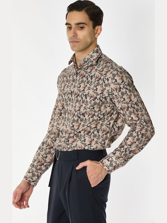 Langärmlig Baumwolle Hemd Blumen Beige